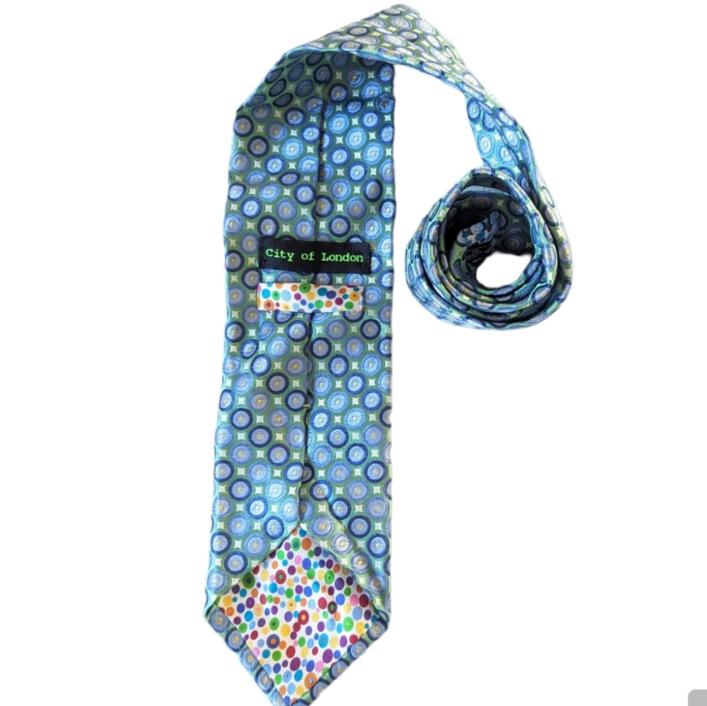 City of London Neck Tie Green Blue Polka Dot Silk Classic - Picture 3 of 5